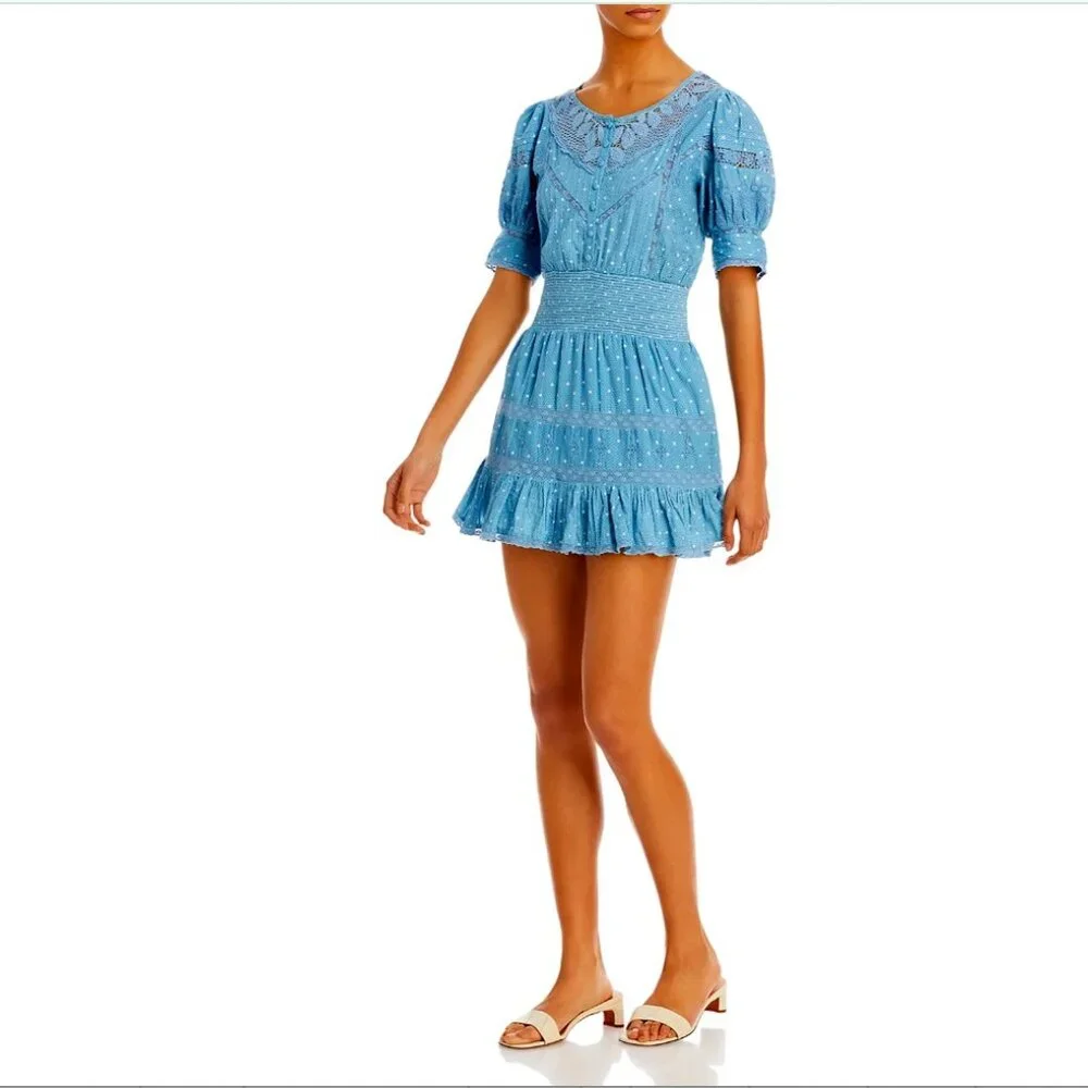 NWT LoveShackFancy Jaislyn blue Cotton Mini Dress - Women's Medium Puff Sleeves - Picture 1 of 9